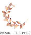 Watercolor autumn leaf branch curved along left and bottom edges with delicate vein texture and warm muted tones, botanical corner accent, elegant decorative illustration for cards 143539909