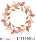 Watercolor autumn leaf wreath in warm beige and brown tones with curved vine frame and delicate brush texture organised as circular border for seasonal decor. 143539911