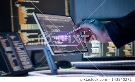 AI Coding Agent and Software Automation Concept with Developer Hand, Programming Screens and Intelligent Workflow AI Coding Agent and Software Automation Concept with Developer Hand, Programming Screens and Intelligent Workflow 143540271
