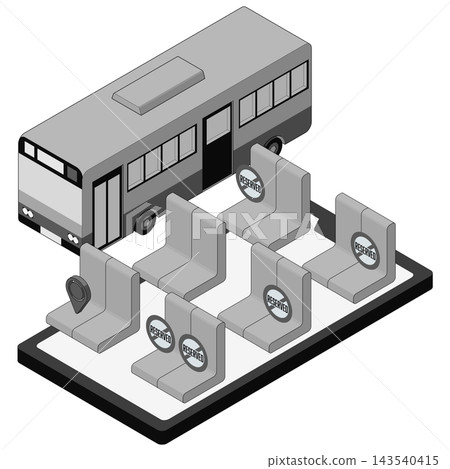 An isometric monochrome illustration inspired by the app screen used when booking bus seats. 143540415