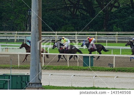 Horse Racing Event with Jockeys and Thoroughbred Horses 143540508