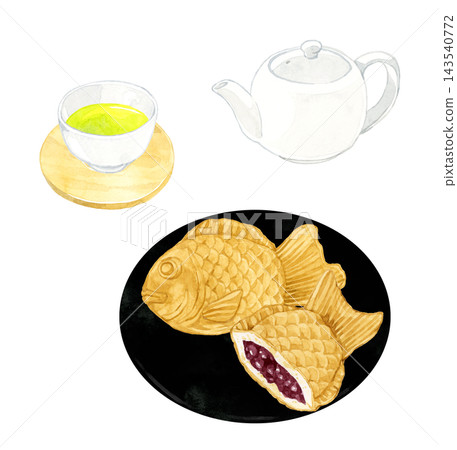 鯛魚燒和綠茶套裝 - 手繪水彩插畫素材 鯛魚燒和綠茶套裝 - 手繪水彩插畫素材 143540772