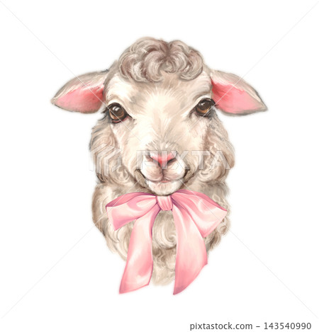 Hand-drawn illustration of a cute fluffy baby sheep with a pink ribbon bow. Sweet animal element isolated on a white background for nursery room decor and greeting cards. Hand-drawn illustration of a cute fluffy baby sheep with a pink ribbon bow. Sweet animal element isolated on a white background for nursery room decor and greeting cards. 143540990