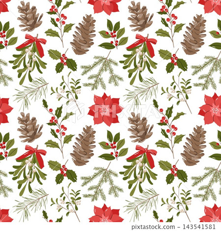 Seamless pattern with Christmas tree branches, pine cones, mistletoe, and red poinsettia flowers Seamless pattern with Christmas tree branches, pine cones, mistletoe, and red poinsettia flowers 143541581