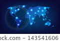 Digital radar scanner interface overlaid on a blue world map with glowing location connection points 143541606