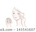 An illustration of a woman applying powder to touch up her makeup. 143541607