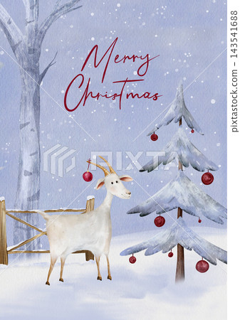 Watercolor greeting card featuring goat decorated with red ornaments in snowy landscape. Hand drawn illustration stylized Christmas tree, wooden fence and handwritten "Merry Christmas" in red script. Watercolor greeting card featuring goat decorated with red ornaments in snowy landscape. Hand drawn illustration stylized Christmas tree, wooden fence and handwritten "Merry Christmas" in red script. 143541688