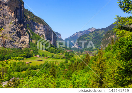 View of Lauterbrunnen Valley in Bernese Oberland, Switzerland. Switzerland nature and travel. Alpine scenery 143541739