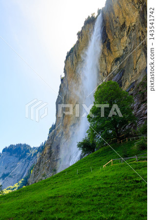View of Staubbach Falls in Lauterbrunnen, Bernese Oberland, Switzerland View of Staubbach Falls in Lauterbrunnen, Bernese Oberland, Switzerland 143541742