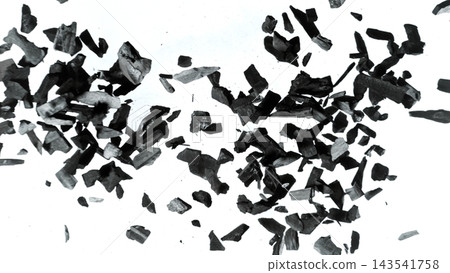 Freeze Motion of Collision of Charcoal Pieces Isolated on White Background Freeze Motion of Collision of Charcoal Pieces Isolated on White Background 143541758
