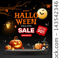 Happy Halloween sale black podium display, Pumpkin night, light pole, bat flying on full moon poster 143542346