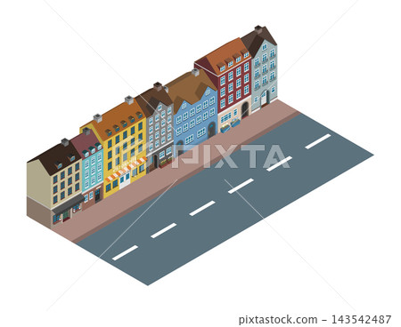 等距插畫:色彩繽紛的歐式建築景觀 等距插畫:色彩繽紛的歐式建築景觀 143542487