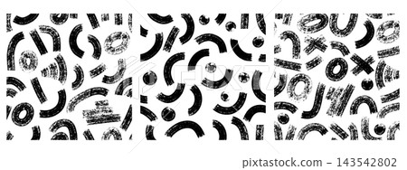 Seamless pattern with bold brush stroke squiggles. Rough grunge texture. Playful arc borders bg. 143542802