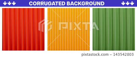 Colorful corrugated metal container texture set. Vertical ribbed steel panels. Seamless iron sheet backgrounds. Colorful corrugated metal container texture set. Vertical ribbed steel panels. Seamless iron sheet backgrounds. 143542803
