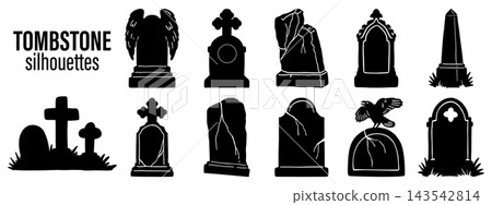 Black tombstone silhouettes with winged monuments, ornate crosses, slender obelisk and with raven. Vector elements for spooky Halloween or cemetery designs. Black tombstone silhouettes with winged monuments, ornate crosses, slender obelisk and with raven. Vector elements for spooky Halloween or cemetery designs. 143542814