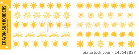 Kindergarten sun border collection. Doodle dividers with pencil texture for playful kid design. Kindergarten sun border collection. Doodle dividers with pencil texture for playful kid design. 143542857