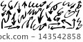 Black brush drawn thick arrows. Bold grunge marker strokes. Playful doodle lines in grunge style. 143542858