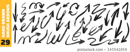 Hand drawn brush thick arrows with loops, spirals and sharp zigzag pointer shapes. Rough sketchy strokes in various directions. Hand drawn brush thick arrows with loops, spirals and sharp zigzag pointer shapes. Rough sketchy strokes in various directions. 143542859