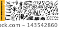 Grunge brush thick stroke collection. Bold pointer shapes with stars, hearts, circles and scribbled marks. Textured hand drawn elements. 143542860