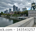 A dark river reflecting low-hanging clouds, brick buildings and green trees beyond the pier, with a backdrop of skyscrapers. 143543257