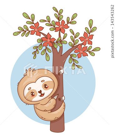 Cute Little Sloth Sloth on Blooming Tree Trunk with Green Leaves and Red Flowers. Funny Smiling Sitting Kawaii Baby Animal Character. Vector Illustration. Kids collection for Children Nursery Design. Cute Little Sloth Sloth on Blooming Tree Trunk with Green Leaves and Red Flowers. Funny Smiling Sitting Kawaii Baby Animal Character. Vector Illustration. Kids collection for Children Nursery Design. 143543262