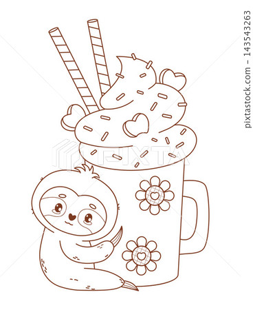 Outline Cute Little Sloth Hugging Cup Cream Dessert with Hearts, Striped Candy Canes. Romantic Lazy Festive Kawaii Animal. Vector illustration Line drawing, coloring page. Cozy Sweet Winter Character. Outline Cute Little Sloth Hugging Cup Cream Dessert with Hearts, Striped Candy Canes. Romantic Lazy Festive Kawaii Animal. Vector illustration Line drawing, coloring page. Cozy Sweet Winter Character. 143543263