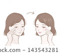 Before and after illustrations showing the transformation of a woman before and after makeup. 143543281