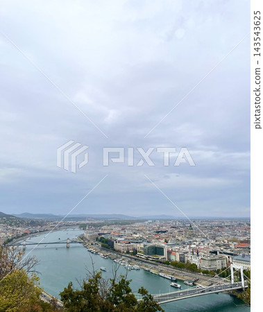 Budapest city panorama with Danube river and Elisabeth Bridge from Gellert Hill, cloudy day, Hungary 143543625