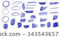 Messy textured blue line scribbles and anti-design doodles vector illustration set isolated on white background. Messy pen scratch scribble doodle elements in blu 143543657