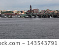 View of Brooklyn Bridge from a boat on the Hudson River 143543791