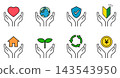Hand and heart icon set for peace of mind, assets, insurance, security, and eco (colored) 143543950