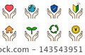 Hand and heart icon set for peace of mind, assets, insurance, security, and eco-friendliness (color) 143543951