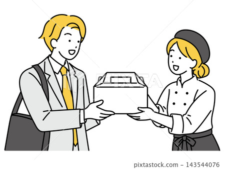 Illustration of a male office worker receiving a cake Illustration of a male office worker receiving a cake 143544076