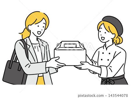 Illustration of a female office worker receiving a cake Illustration of a female office worker receiving a cake 143544078