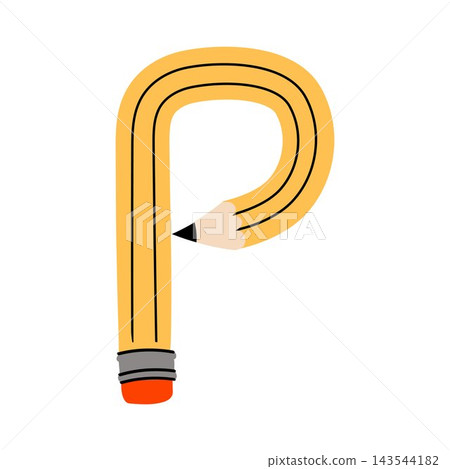 The uppercase letter P illustrated as a bright yellow pencil with red eraser. School themed children's alphabet 143544182