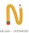 Fun capital letter N shaped as a yellow pencil with red eraser. Kid's alphabet perfect for preschool educational materials. 143544185