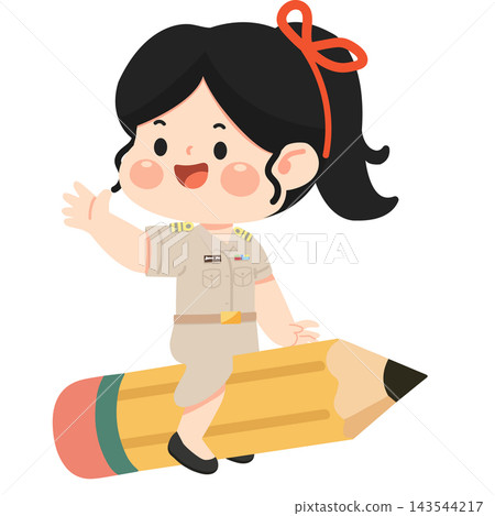 Thai Female Teacher in Khaki Uniform Sitting on Giant Pencil Cartoon Character Thai Female Teacher in Khaki Uniform Sitting on Giant Pencil Cartoon Character 143544217