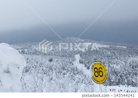 山形藏王雪景中，白雪覆蓋的樹木和索道盡收眼底。 143544241