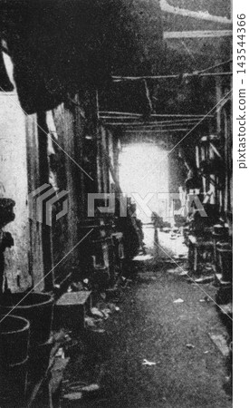 Old photograph, circa 1911, slum area of Sarue-uracho, Fukagawa, Tokyo. Old photograph, circa 1911, slum area of Sarue-uracho, Fukagawa, Tokyo. 143544366
