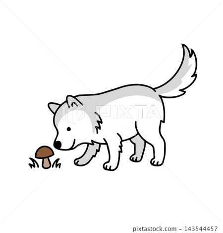 Cute golden retriever puppy cartoon dog vector illustration sniffing mushroom. Happy curious discovery outdoor pet activity wellness concept. Autumn season nursery decor kids apparel sticker. 143544457