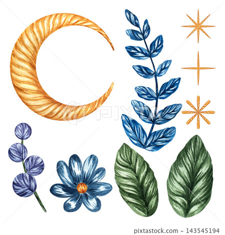 Watercolor embroidery element set with a golden crescent moon, blue foliage, flowers, leaves, and stitched stars, hand painted for needlework designs, textile projects, and creative crafts 143545194