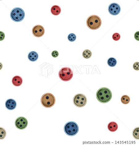 Watercolor seamless pattern of scattered colorful buttons in blue, green, red, and beige on a white background, hand painted for sewing, quilting, textile design, and handmade craft projects Watercolor seamless pattern of scattered colorful buttons in blue, green, red, and beige on a white background, hand painted for sewing, quilting, textile design, and handmade craft projects 143545195