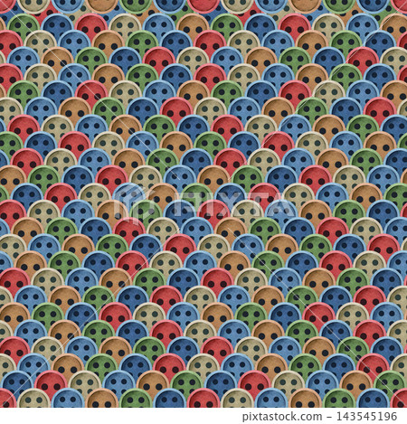 Watercolor seamless pattern of densely arranged multicolored buttons in blue, green, red, and tan, hand painted with a vintage textile feel for sewing projects, fabric design, and crafts Watercolor seamless pattern of densely arranged multicolored buttons in blue, green, red, and tan, hand painted with a vintage textile feel for sewing projects, fabric design, and crafts 143545196