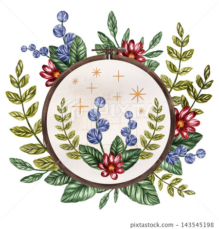 Watercolor floral embroidery hoop composition surrounded by lush leaves, red flowers, and blue botanical motifs, hand painted for needlework, textile design, and decorative craft projects Watercolor floral embroidery hoop composition surrounded by lush leaves, red flowers, and blue botanical motifs, hand painted for needlework, textile design, and decorative craft projects 143545198