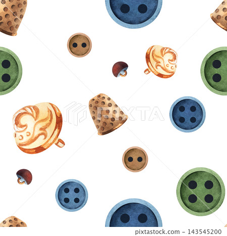 Watercolor seamless pattern of colorful buttons and vintage thimbles in blue, green, and warm brown tones, hand painted on white for sewing, needlework, and textile craft designs Watercolor seamless pattern of colorful buttons and vintage thimbles in blue, green, and warm brown tones, hand painted on white for sewing, needlework, and textile craft designs 143545200