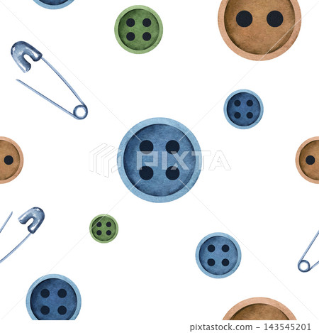 Watercolor seamless pattern of blue, green, and brown buttons with silver safety pins on a white background, hand painted for sewing projects, textile design, and craft supplies Watercolor seamless pattern of blue, green, and brown buttons with silver safety pins on a white background, hand painted for sewing projects, textile design, and craft supplies 143545201