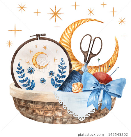 Watercolor illustration of an embroidery basket with a lunar hoop, golden crescent, blue thread, scissors, pincushion, and ribbon, isolated for needlework, sewing, and handmade craft projects Watercolor illustration of an embroidery basket with a lunar hoop, golden crescent, blue thread, scissors, pincushion, and ribbon, isolated for needlework, sewing, and handmade craft projects 143545202