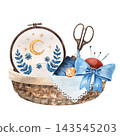 Watercolor illustration of a sewing basket with a floral moon embroidery hoop, scissors, blue bow, thread spool, and pincushion, isolated for needlework, textile crafts, and handmade design projects 143545203