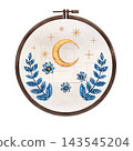 Watercolor illustration of a wooden embroidery hoop with a crescent moon, golden stars, and blue floral stitching on linen, isolated for needlework, textile crafts, and handmade design projects 143545204