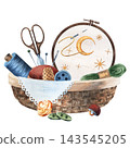 Watercolor illustration of a woven craft basket with a moon embroidery hoop, needle, thread, buttons, pincushion, and scissors, isolated for sewing, needlework, and handmade textile projects 143545205